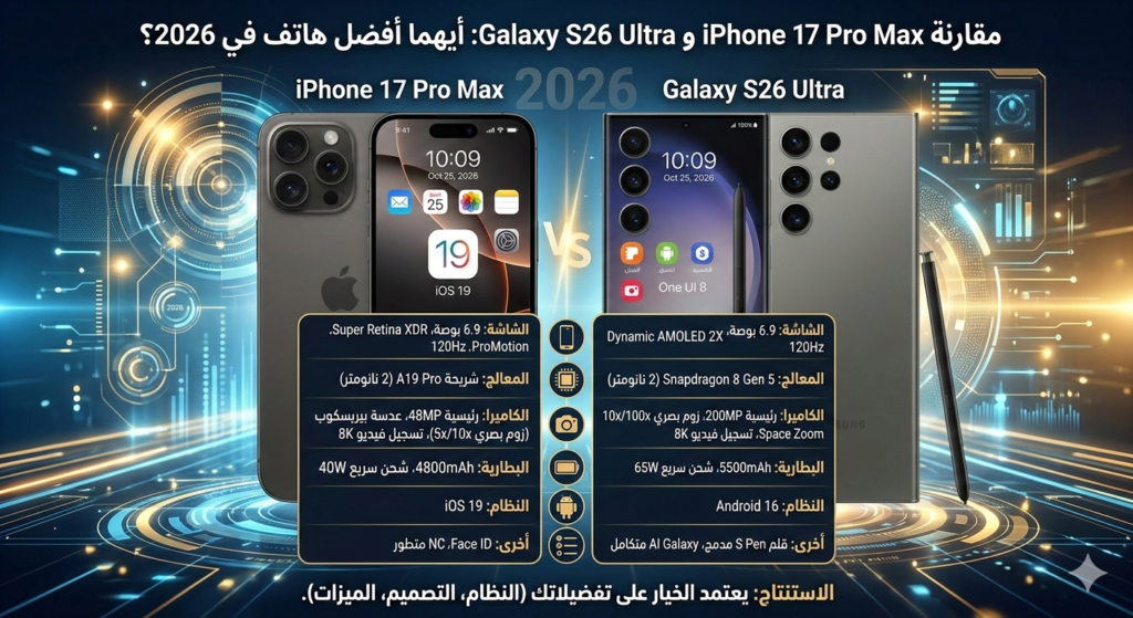 مقارنة iPhone 17 Pro Max و Galaxy S26 Ultra: أيهما أفضل هاتف في 2026؟